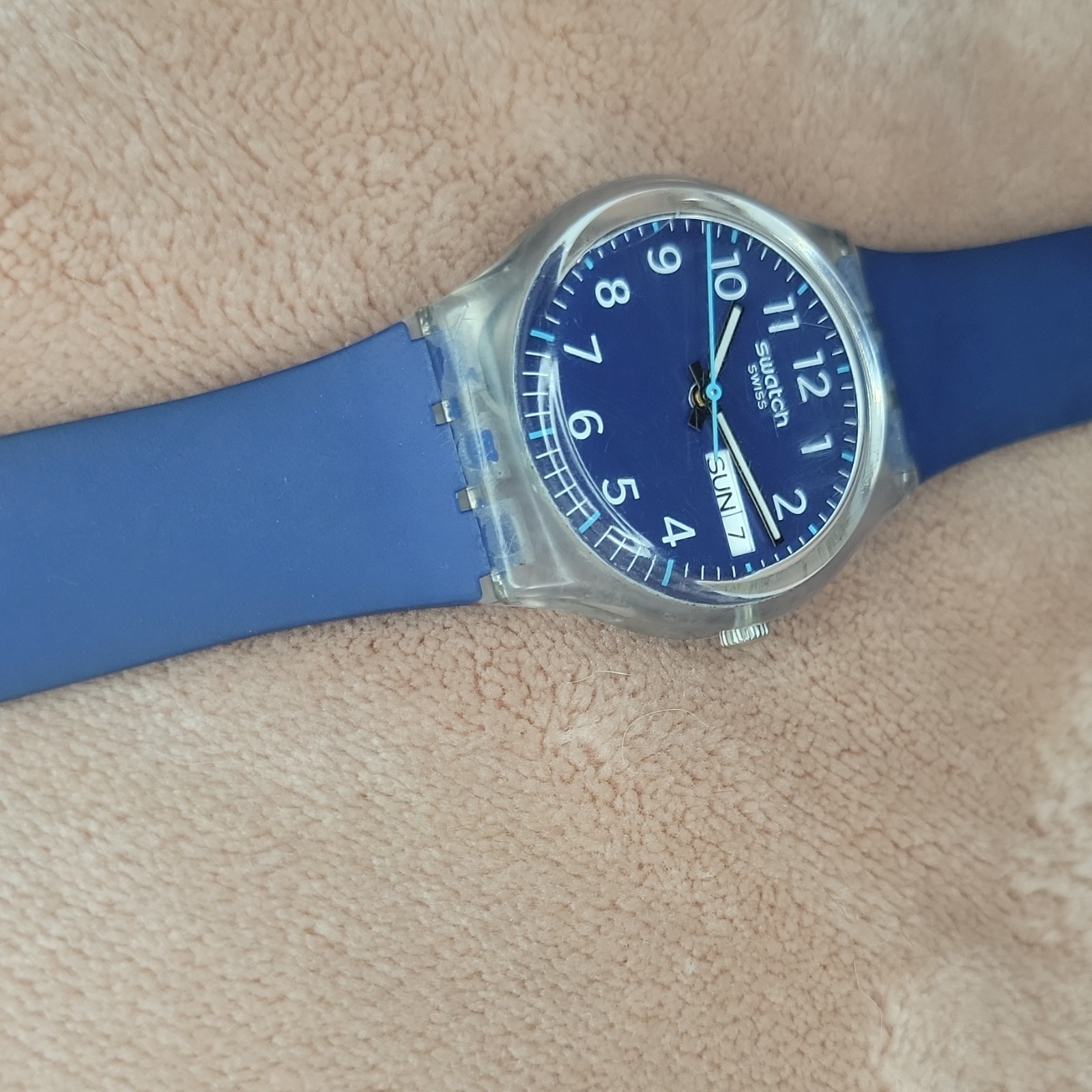Swatch “RINSE REPEAT NAVY” analog blue/clear biobased plastic dated watch