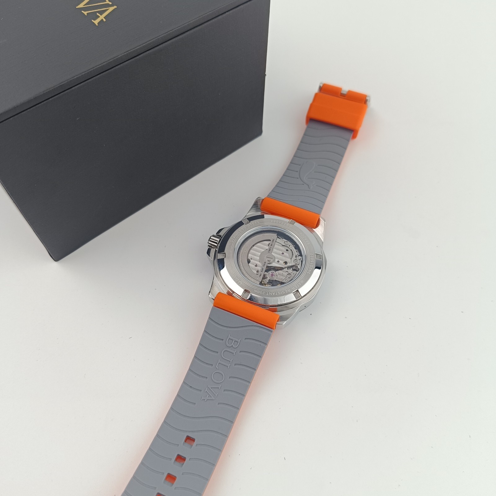 Bulova 98A226 Marine Star Automatic Watch White Dial Orange Rubber Strap