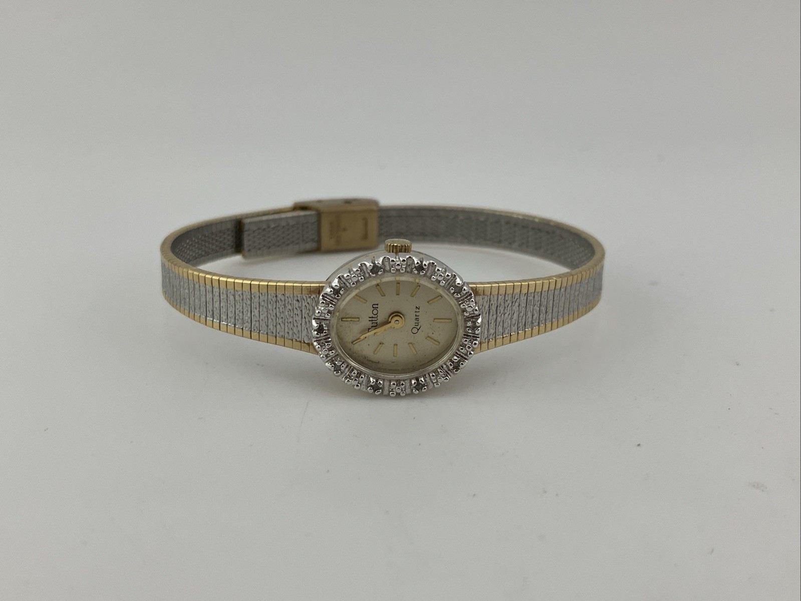 Vtg Sutton Ladies 16mm Watch Two-Tone Diamond Bezel Adjustable -RUNS