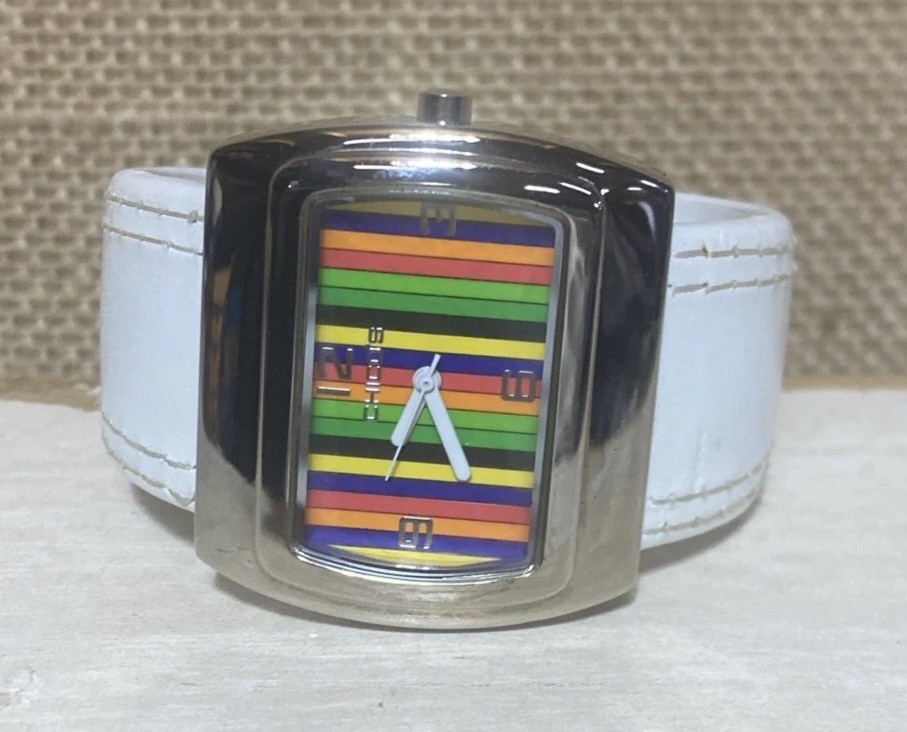 Chico’s Cuff Watch White Band Multicolor Striped Face, Rainbow Face