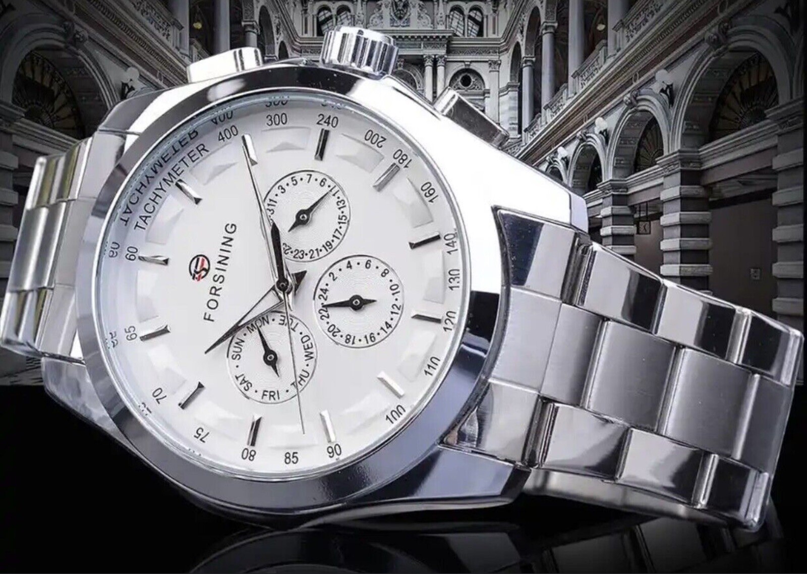 Forsining Mens BIG 45mm Luxury Watch Genuine Leather Band. Great Gift Idea.
