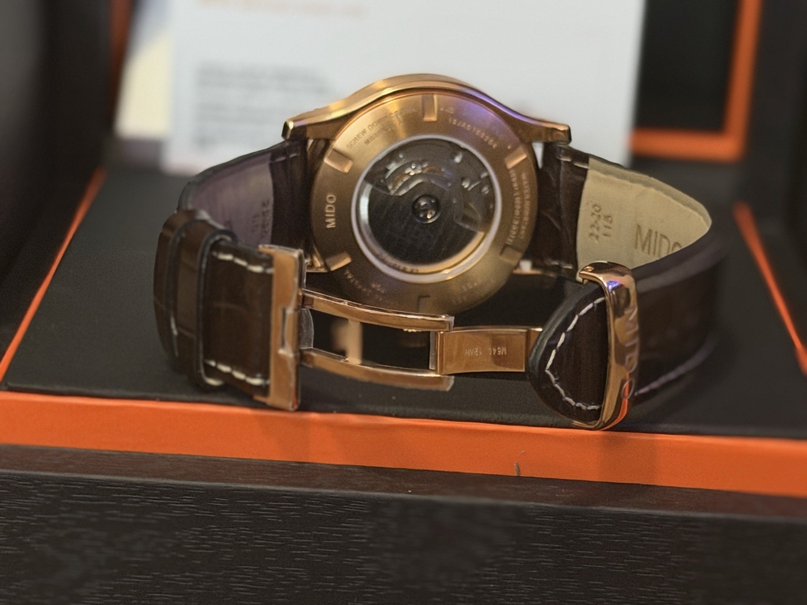MIDO Multifort Automatic Day/Date 42mm Gold Steel Brown Leather Box Papers