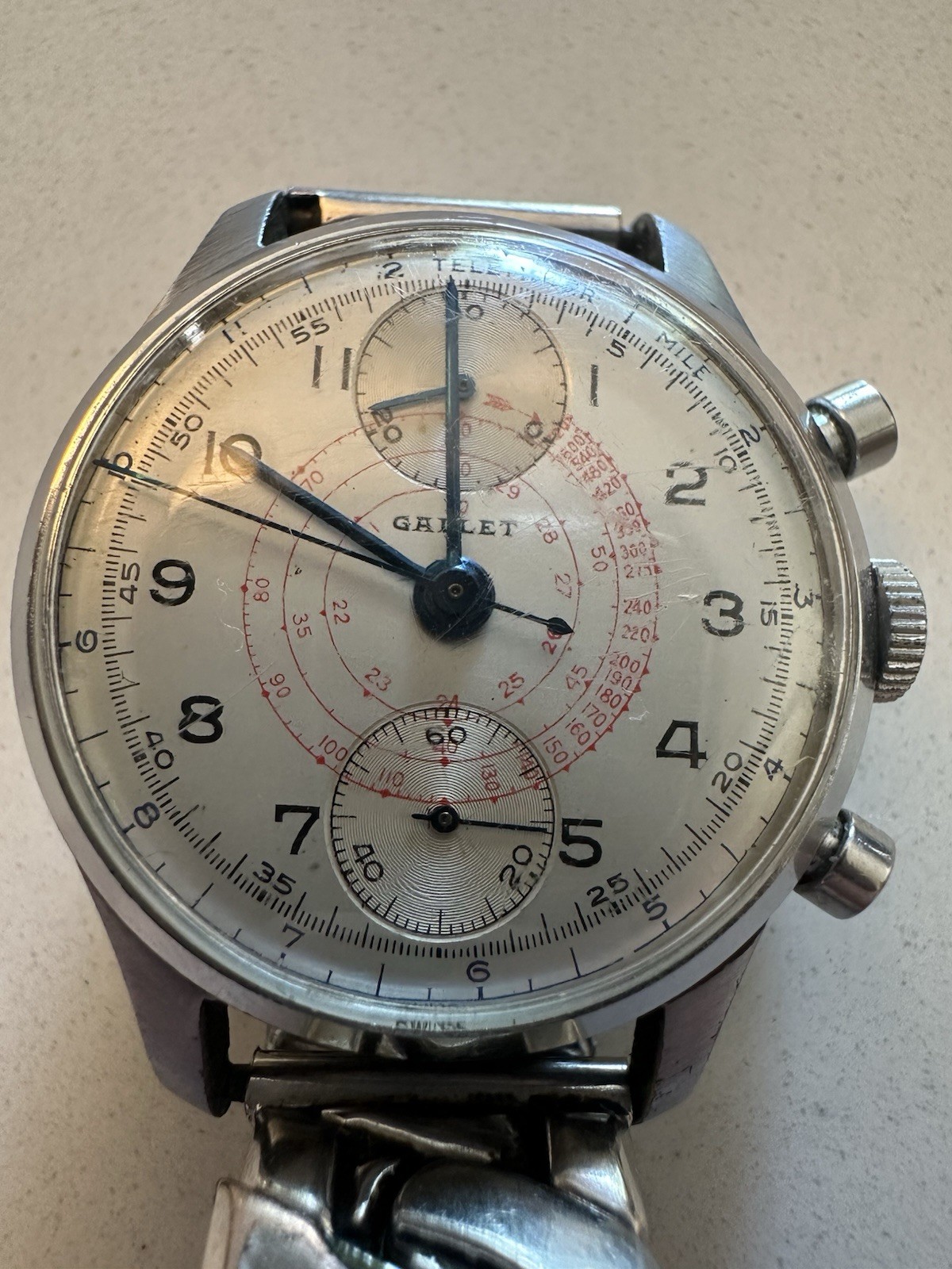 Gallet Multichron Manual Wind Chronograph Watch Telemeter Tachymeter Silver Dial