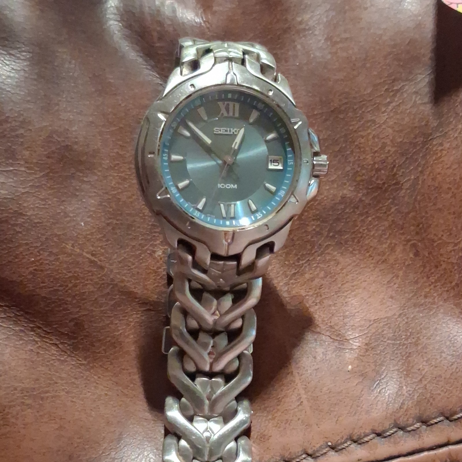 Seiko Quartz WR100 Blue Sunburst Dial Date Silver SS Bracelet 36-39.9mm