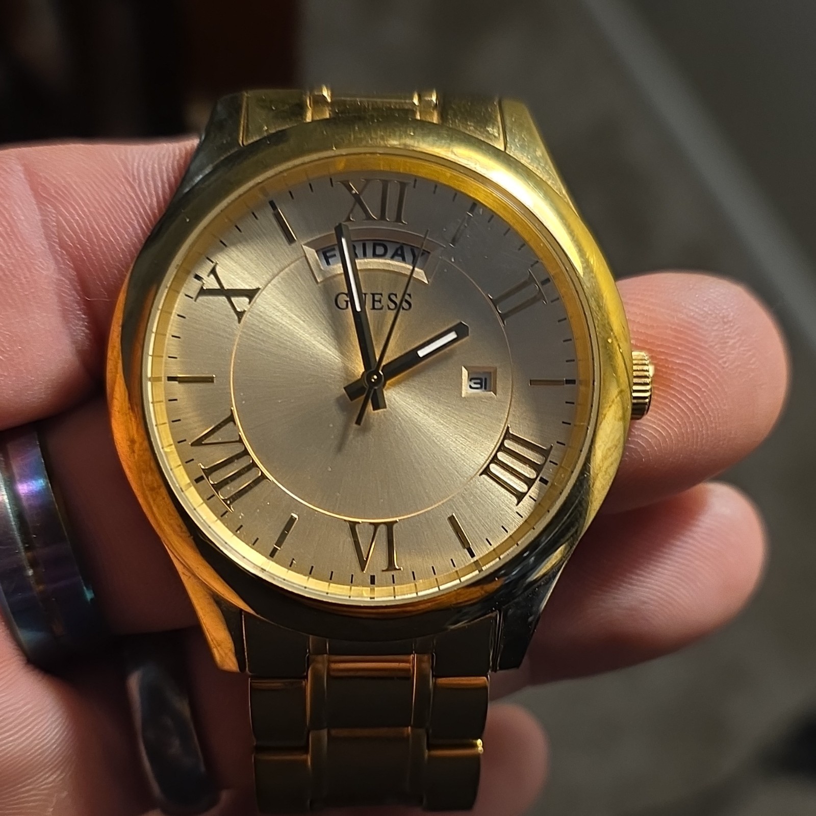 GUESS Men’s Quartz Gold-Tone Analog Bracelet Watch Day/Date Roman Sunburst