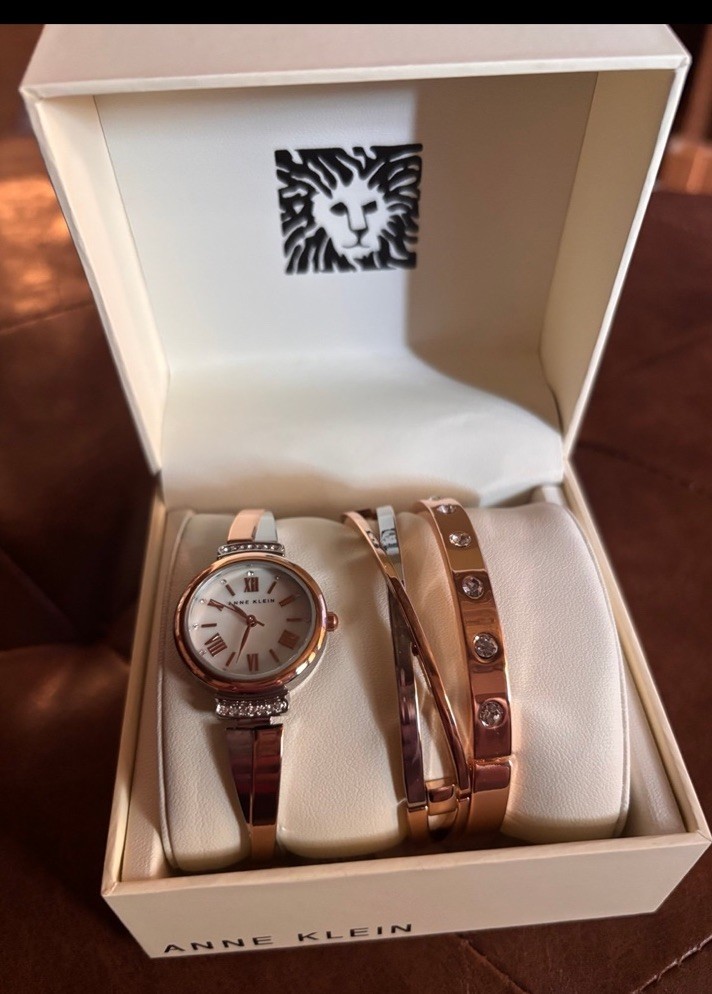 Anne Klein Rose Gold Tone Quartz Bracelet Watch Set w/ Bangles, Box