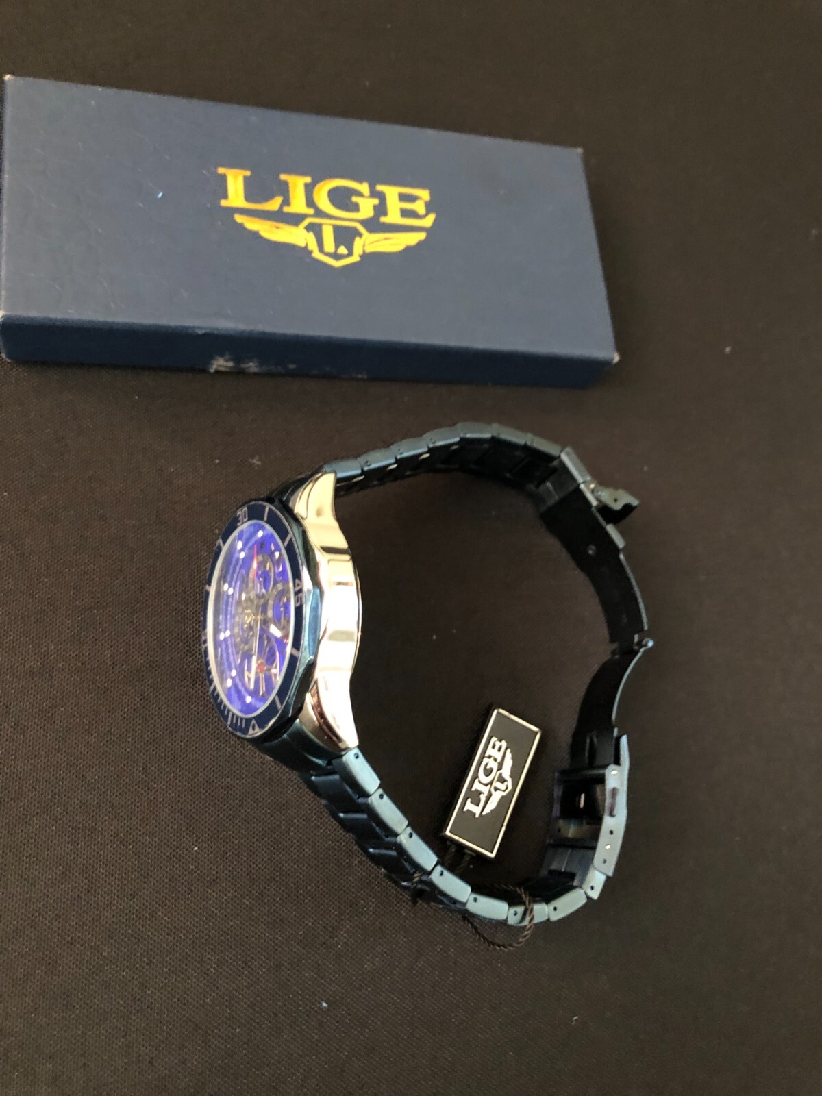 LIGE 1853 Dream Men’s Gold Tone Chronograph, SS Blue Bracelet New Battery in Box