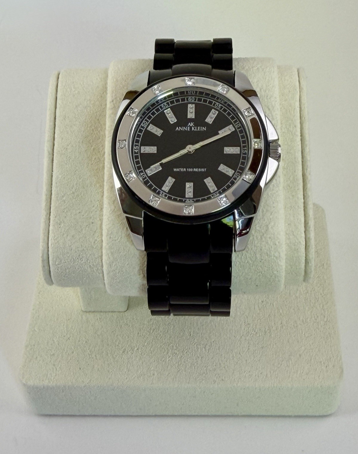 Anne Klein Women’s Black Ceramic Crystal Accent Bezel Watch 36mm New Battery