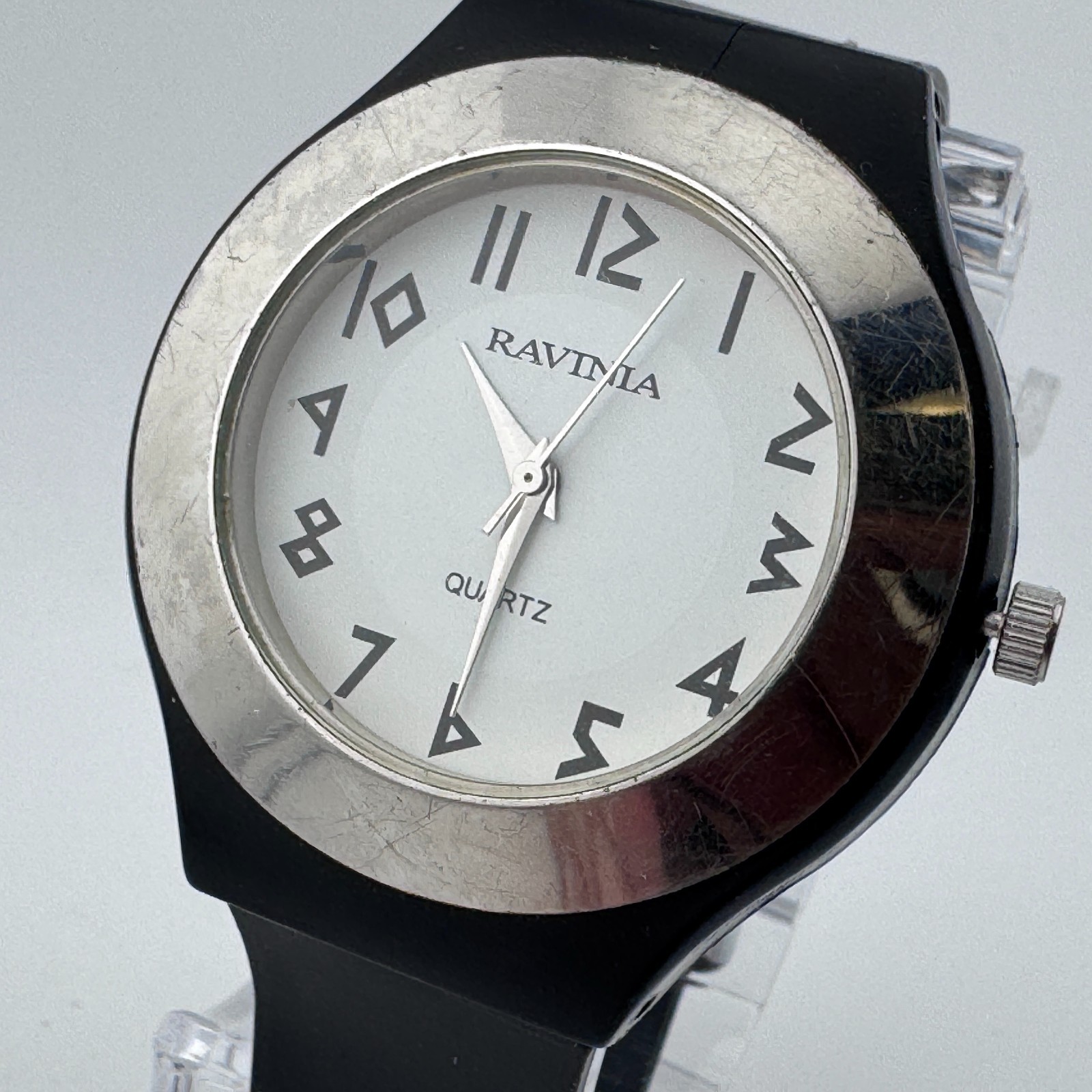 VTG Ravina Quartz Watch Men Silver Black Plastic Rubber Japan Analog New Battery