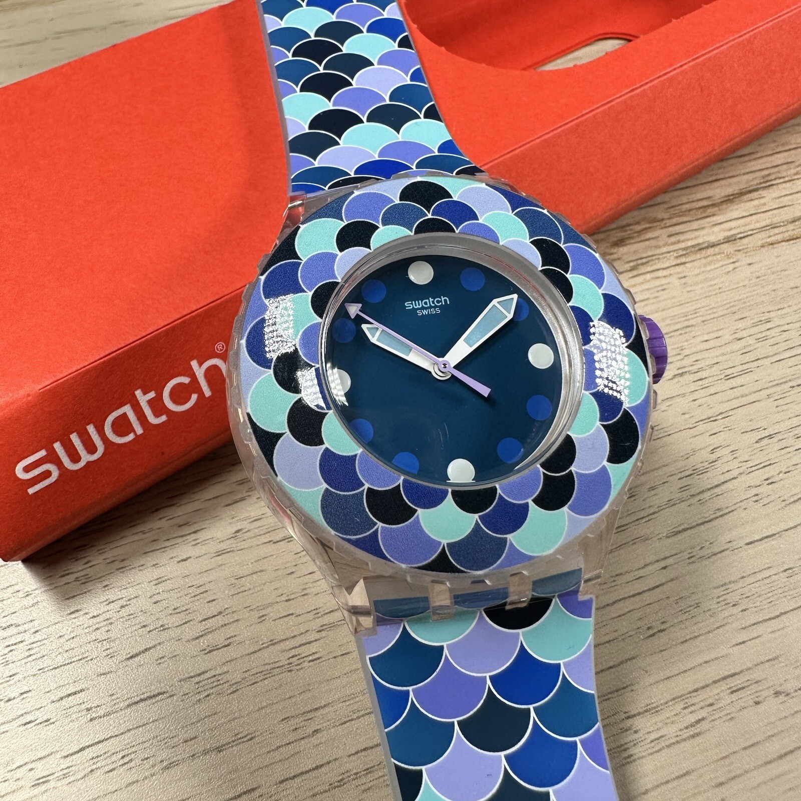 NEW✅ Swatch Watch Scuba PEDRINHA AZUL SUUK110 Skeleton Blue And Purple Watch