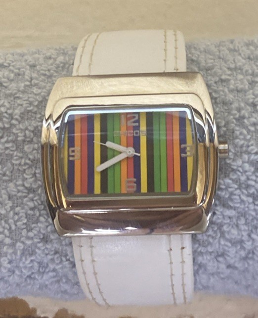 Chico’s Cuff Watch White Band Multicolor Striped Face, Rainbow Face