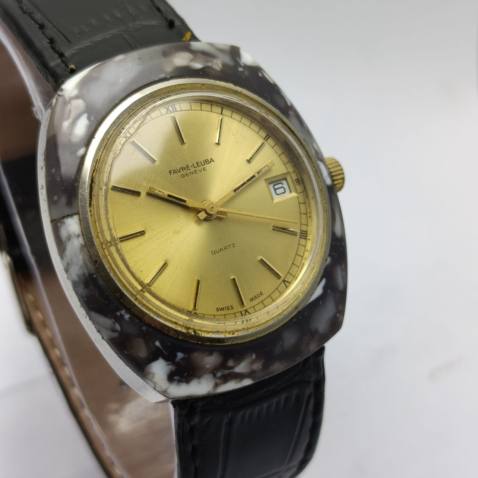 Favre-Leuba Genève Quartz Golden Dial Marble Bezel Vintage Men’s Watch