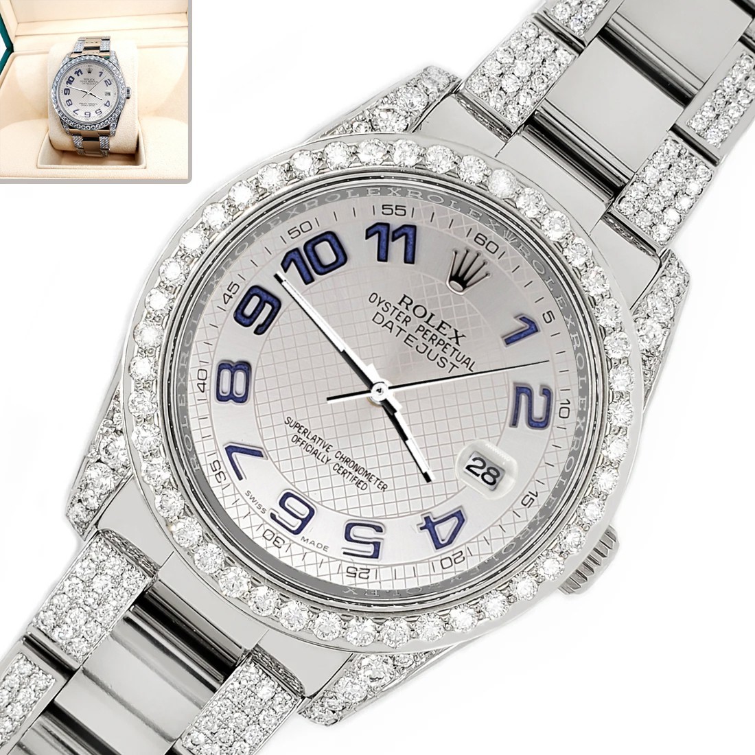 Rolex Datejust 36mm Silver Decorated Custom 5.9ct Diamond Bezel/Lugs/Bracelet