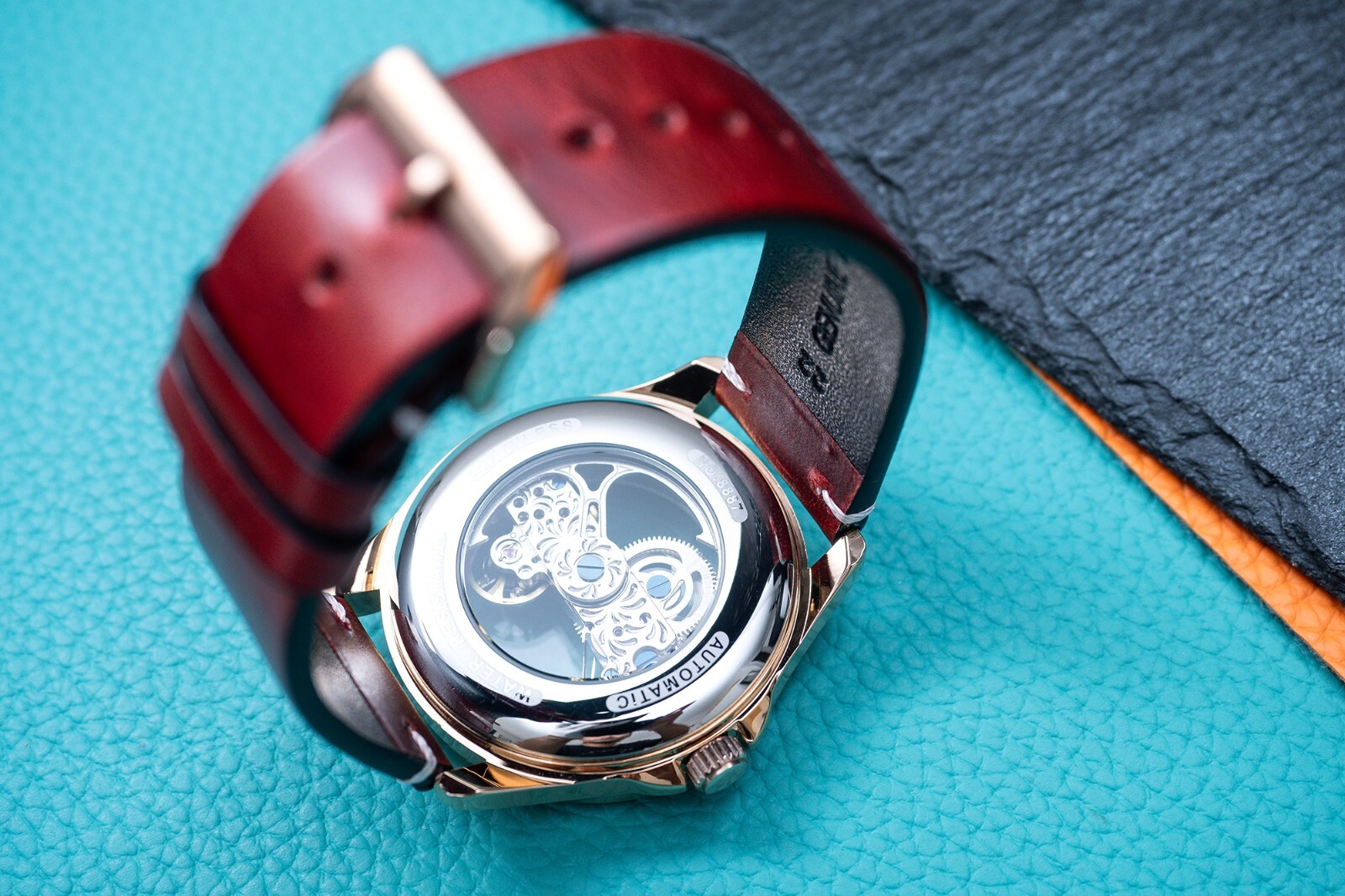 Mens Rose Gold Automatic Mechanical Watch Rainbow Cubic Oil Waxed Dark Red