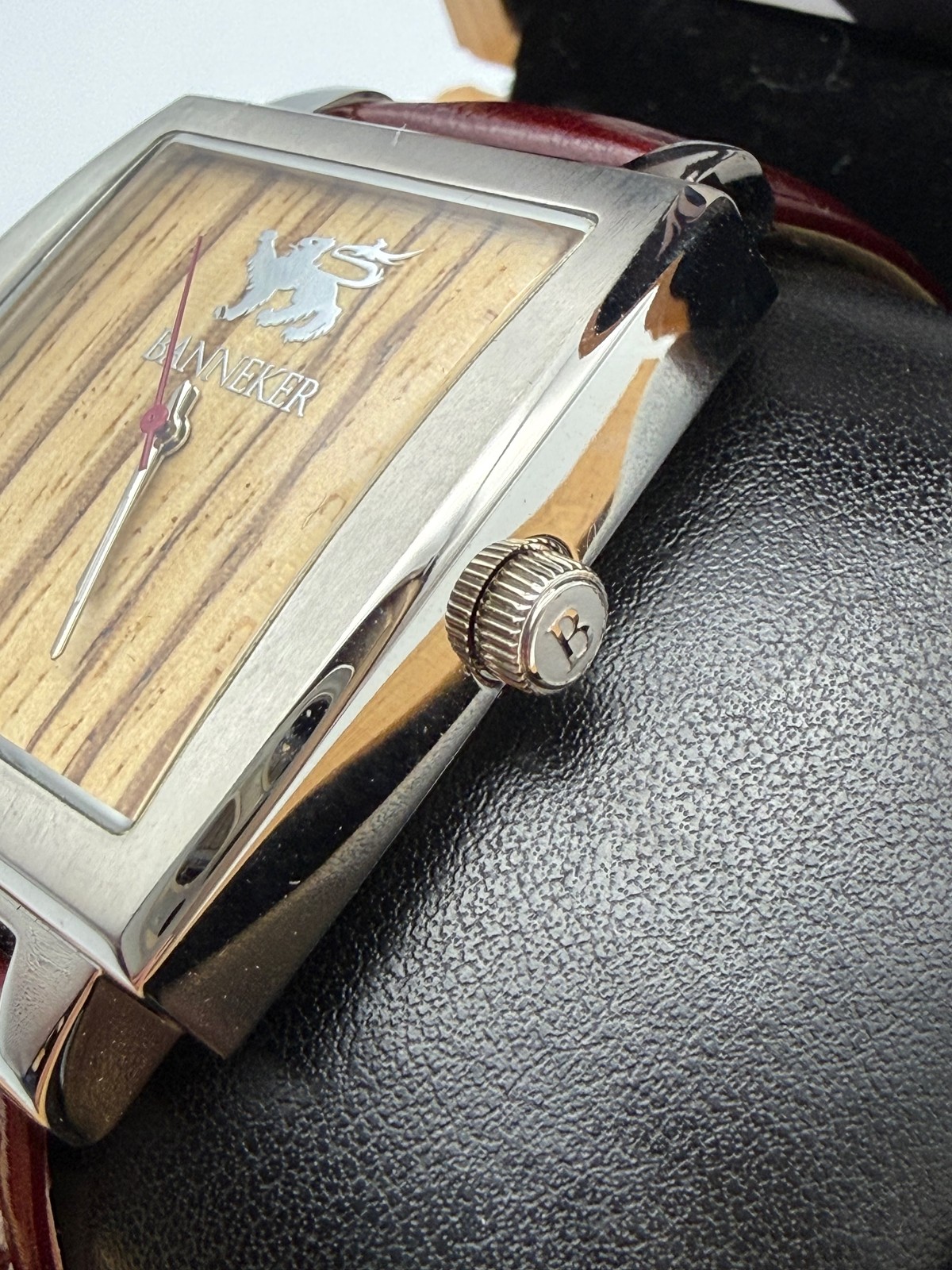 Banneker Baller Burgundy Watch Zebra Wood Dial Leather Numbered Series Unisex