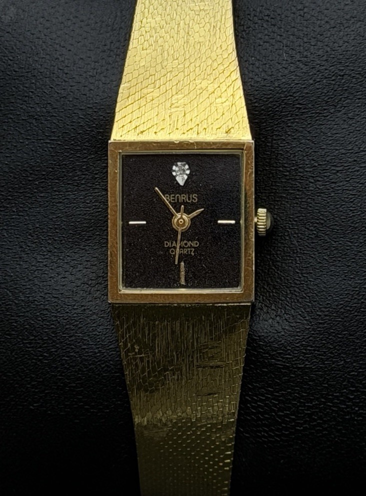 Vtg 1989 BENRUS Tank Diamond Women’s 18mm Quartz Watch Gold Case Bracelet Black