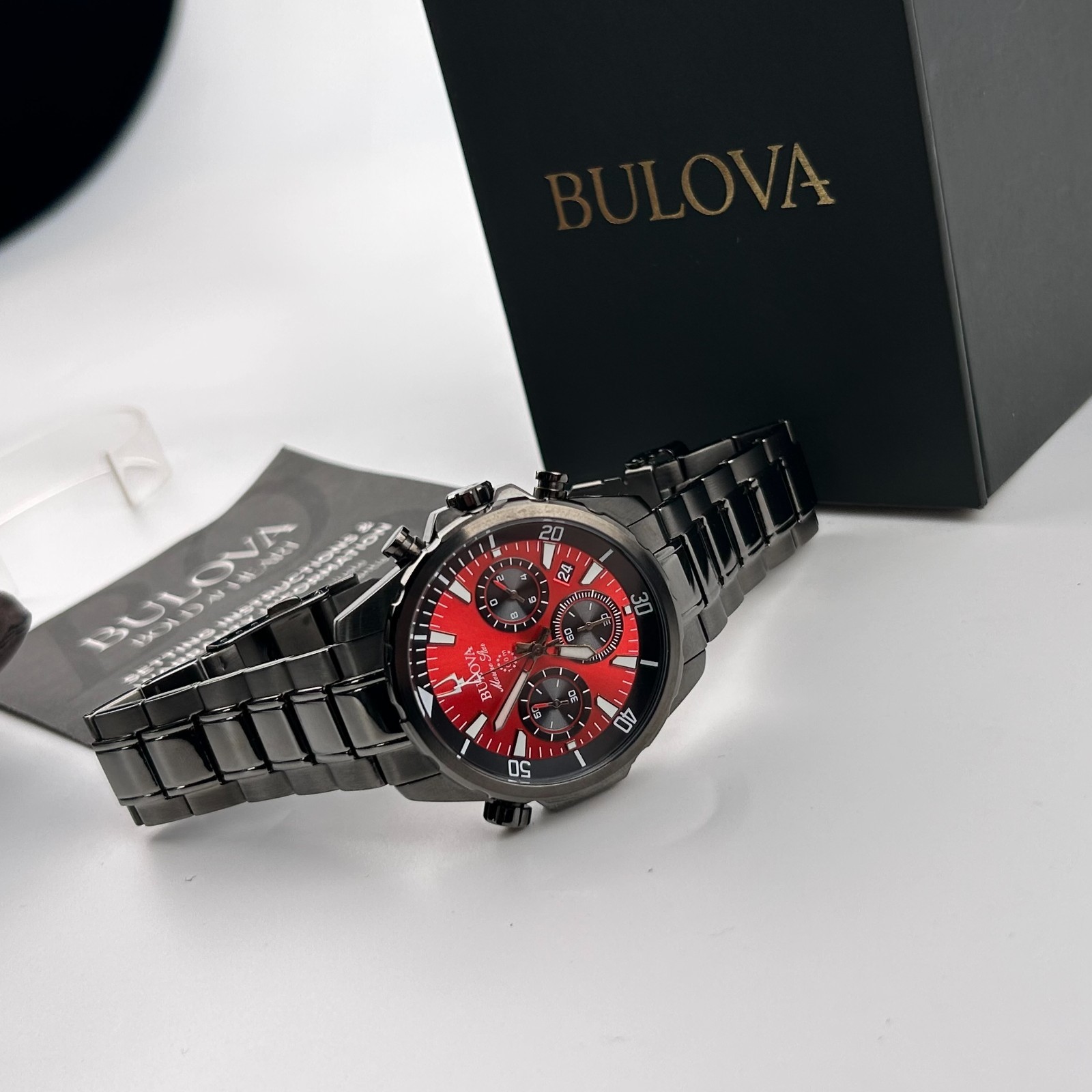 Bulova Marine Star 98B350 Red Dial Chronograph Men’s Quartz Watch 43MM New/Box