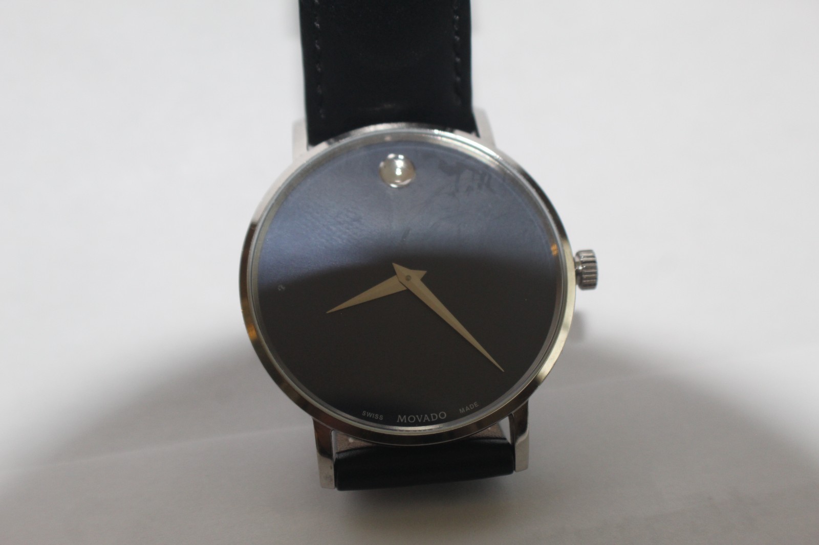 Movado Bold Quartz Black Dial Silver Tone Leather Strap Men’s Watch