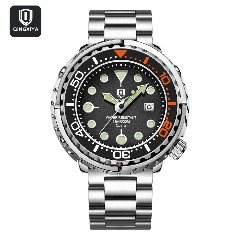 QINGXIYA —Diver-style “Tuna Can” watch — Stainless steel — Quartz —