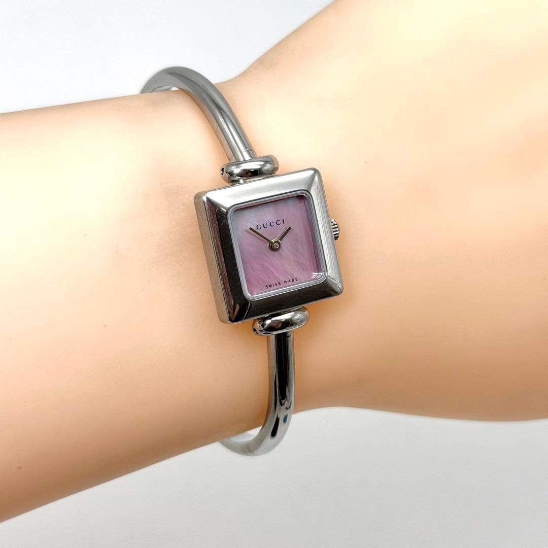 Gucci 1900L Pink Shell Square Bangle Watch Japan Quartz Working 0713265