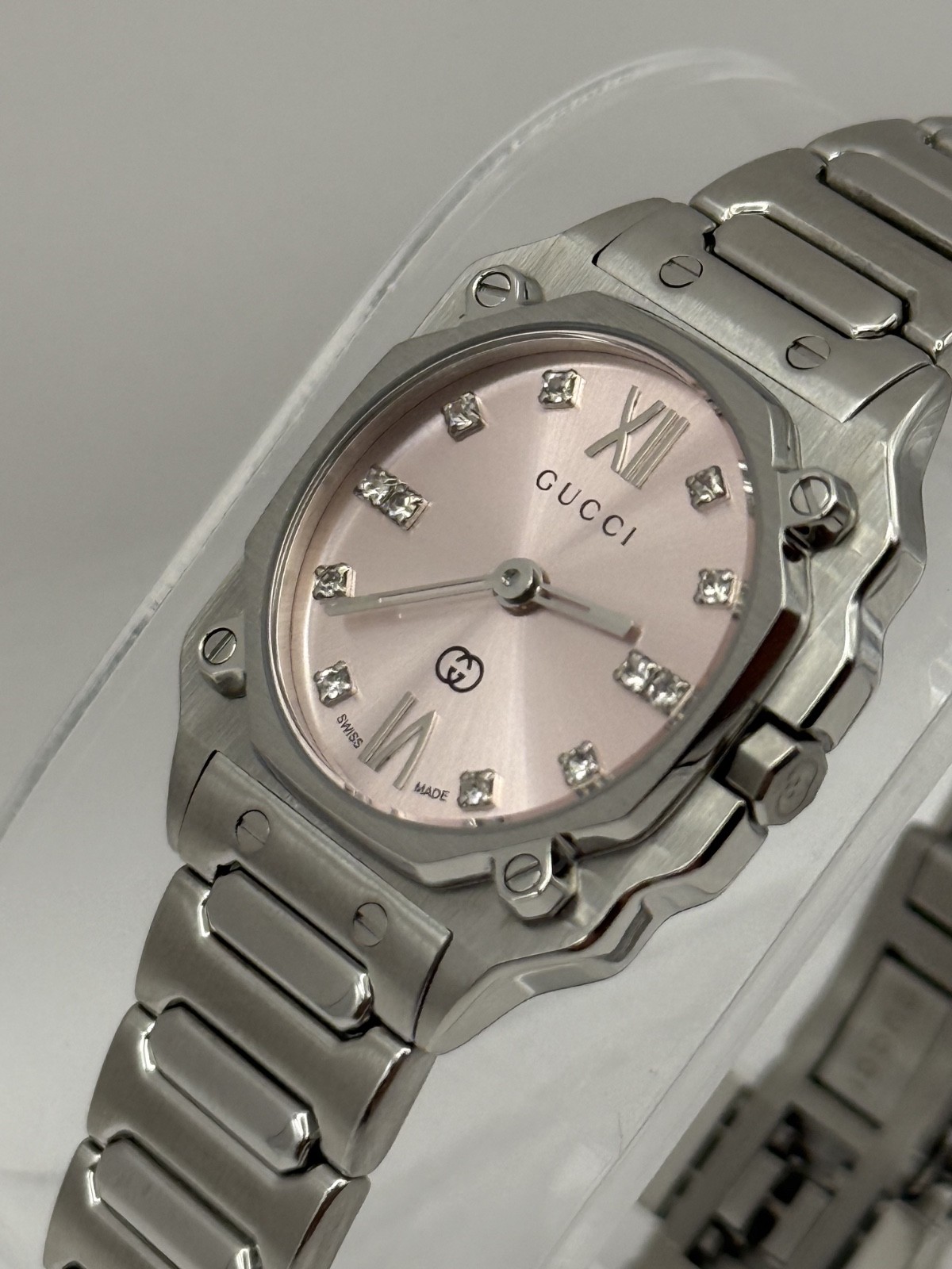 Gucci G-Flat Quartz 24mm Diamond Accent Pink Dial Women’s Watch YA166501