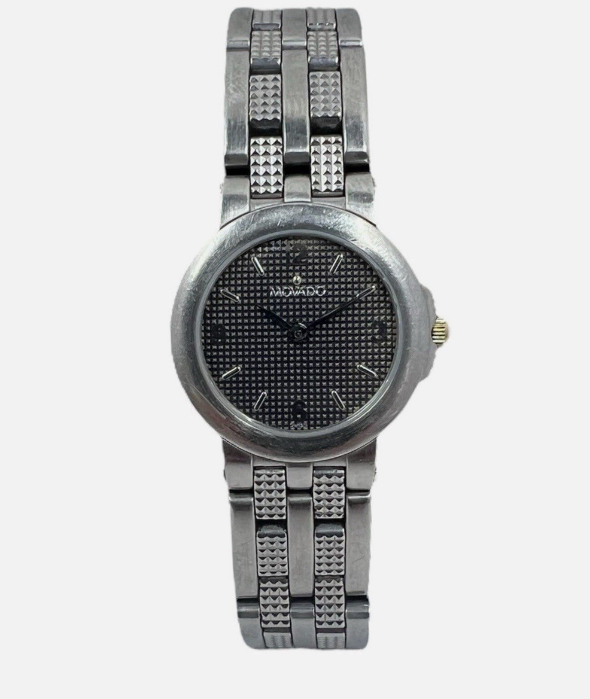 Rare Movado Ladies Gray Tapisserie Dial Stainless Steel Quartz Watch 060374 24mm