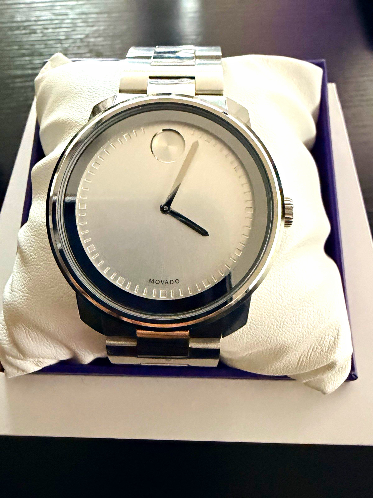 Movado Bold Swiss Made Quartz 44mm Silver Dial Stainless Bracelet w/ Box