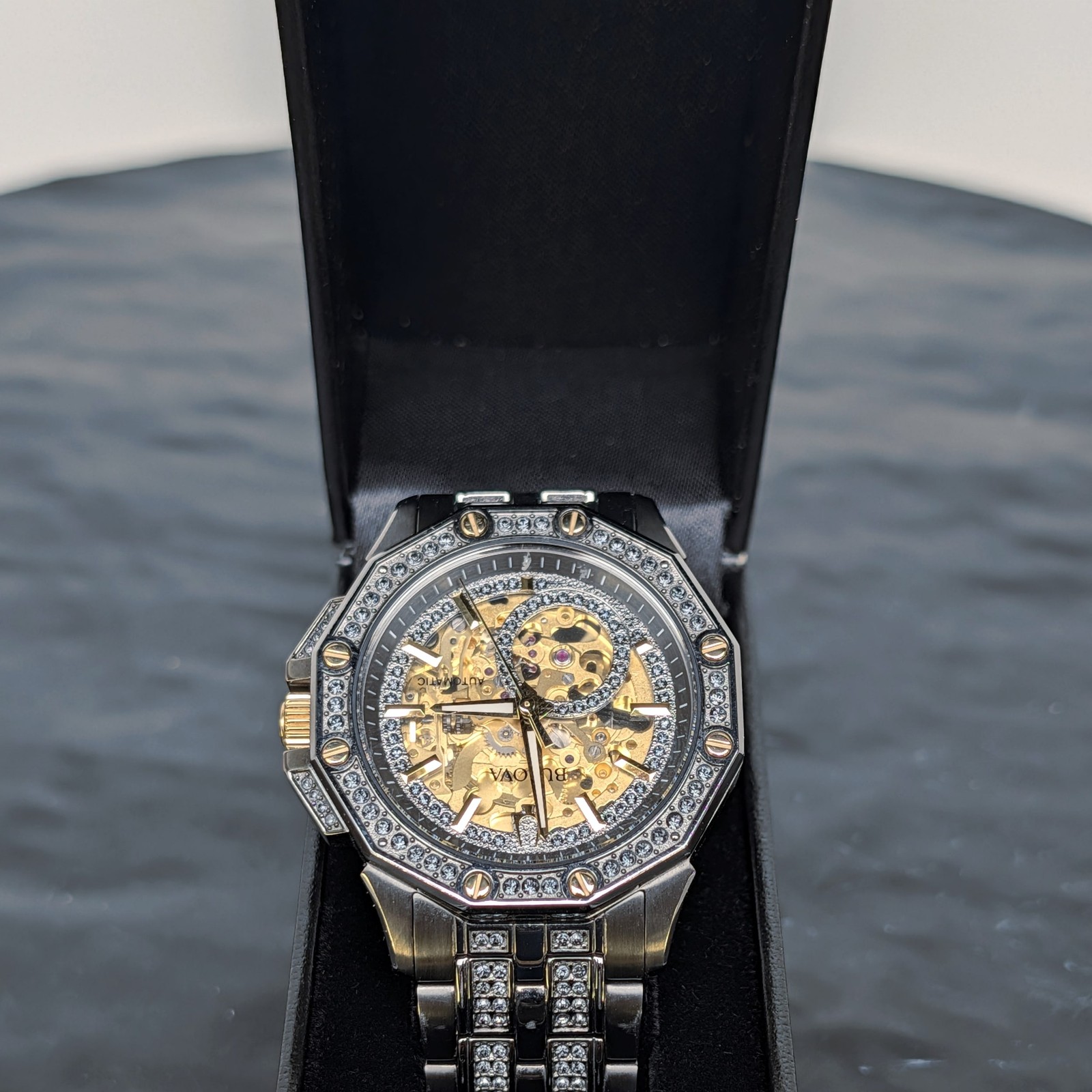Bulova Octava 98A293 Men’s Automatic Skeleton Crystal Collection Gray Watch