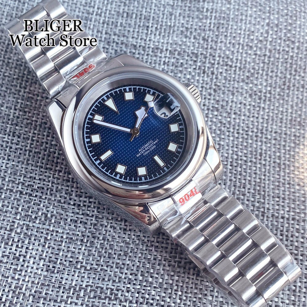 39mm NH35A Blue Dial Automatic Men Watch Presidential Bracelet Glass back New