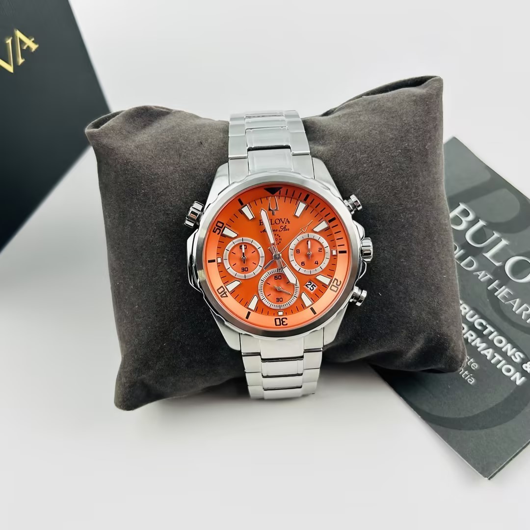 Bulova Men’s Marine Star 96B395 Orange Dial Stainless Chronograph Quartz Watch