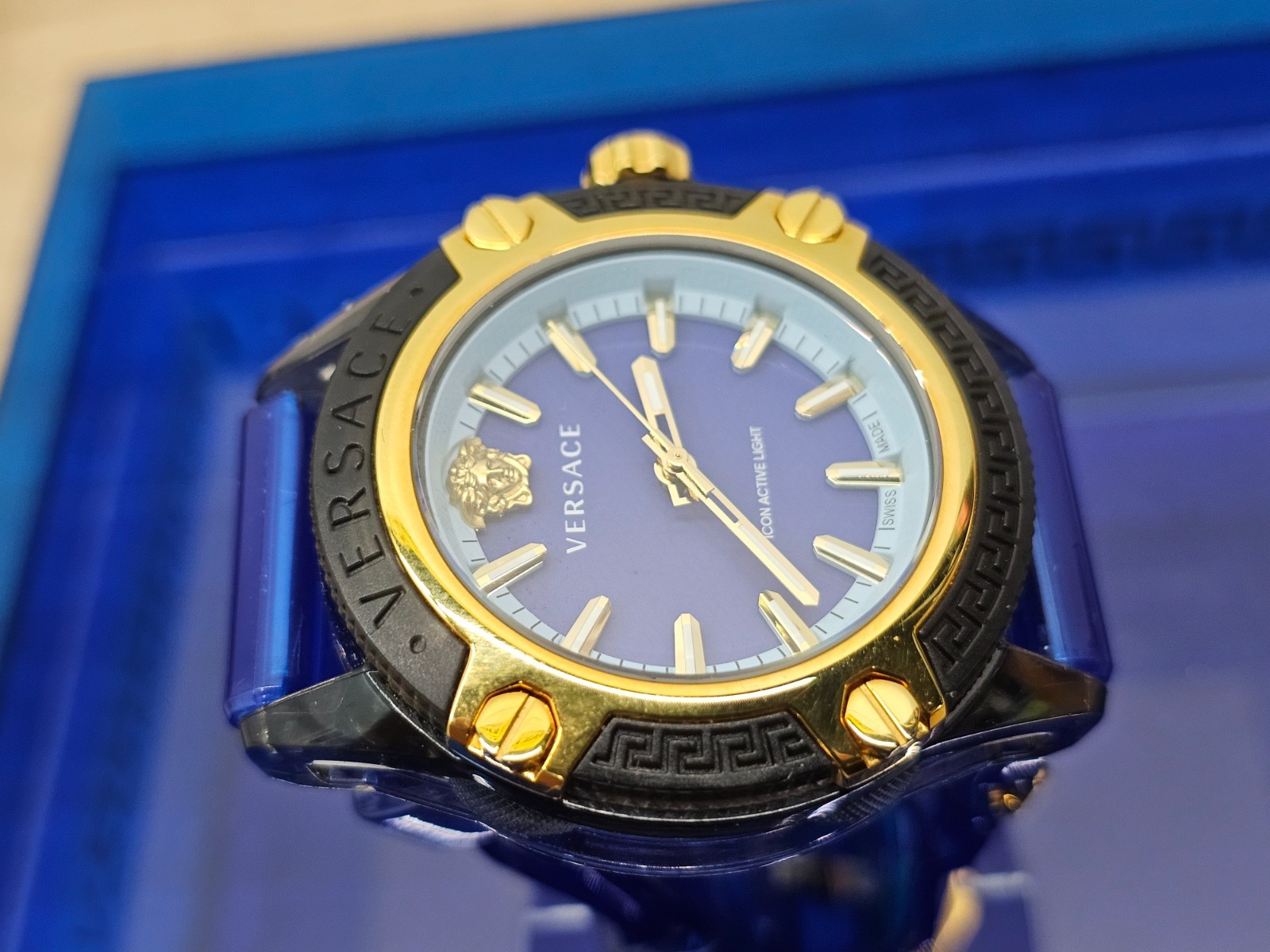 Versace Icon Active Indiglo Quartz Watch, Polycarbonate, Blue 43mm, VE6E00323