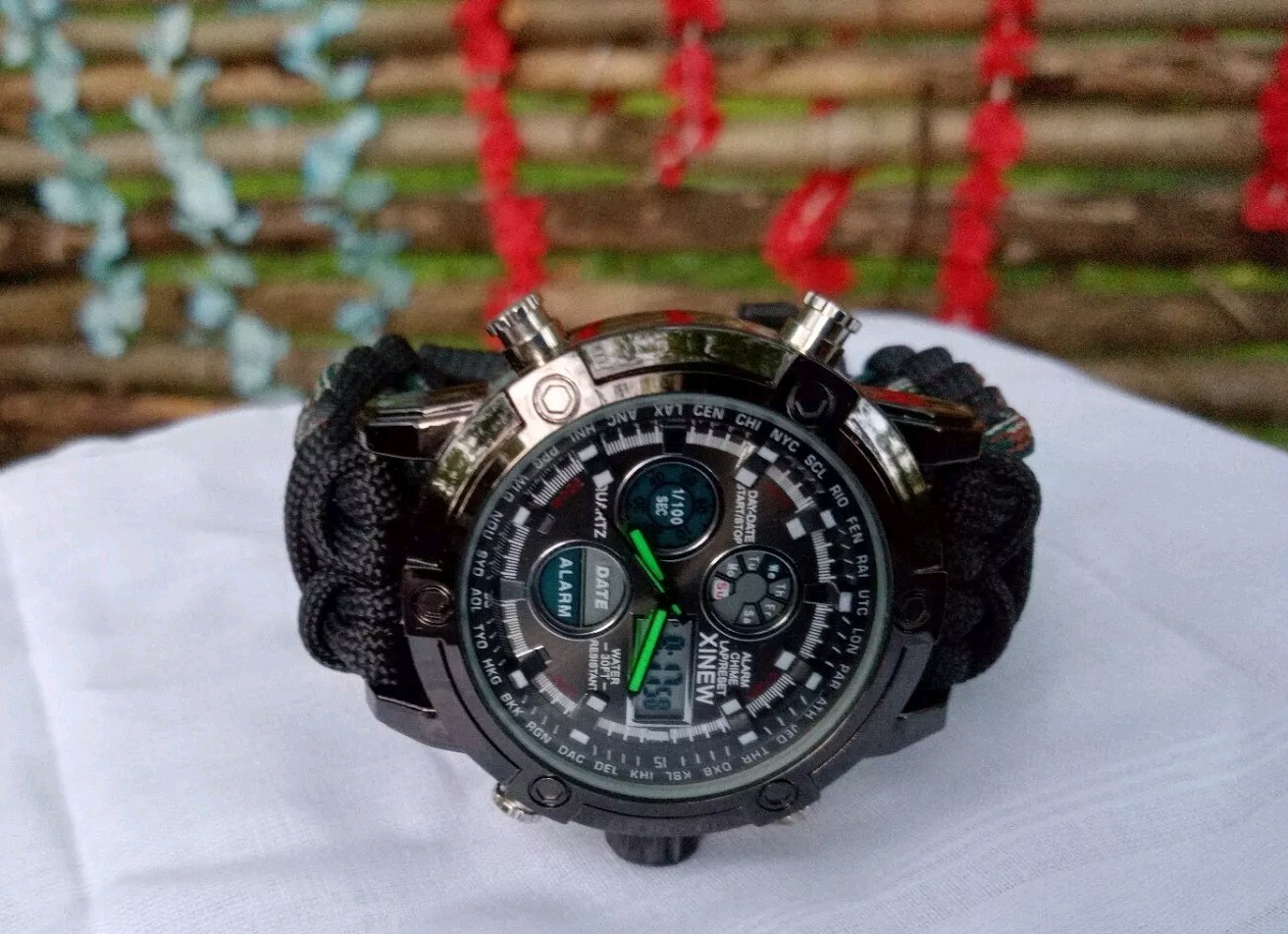 Military Watch Tactical Paracord Buckle Knife Whistle Fire Starter FishLine Hook