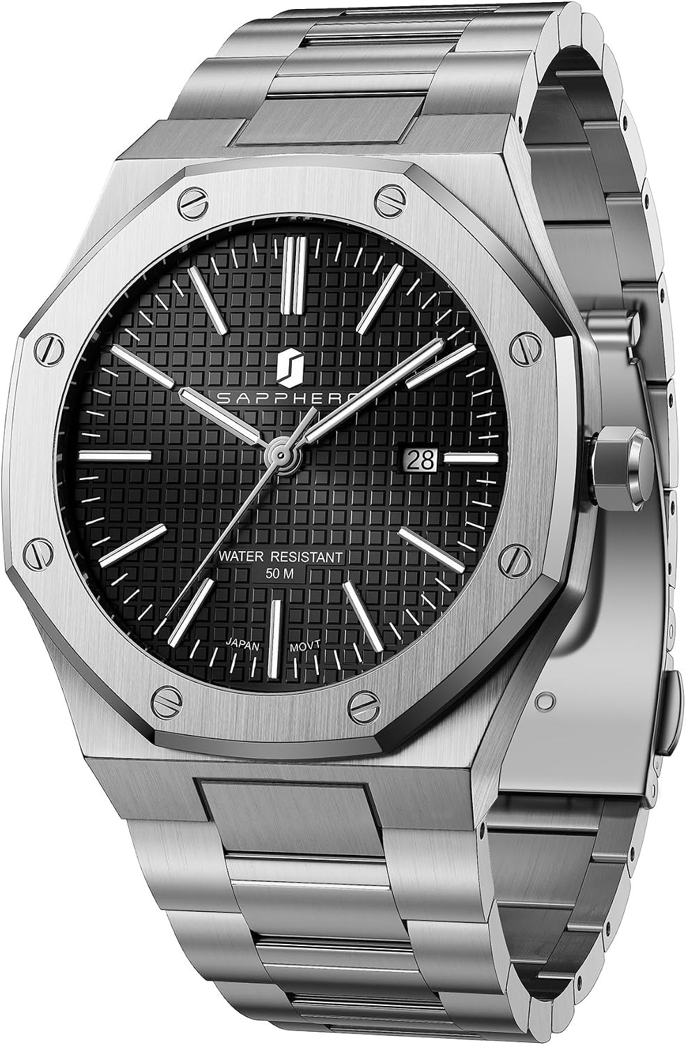 Men’s Octagonal Quartz Watch Stainless Steel 50M Waterproof Luminous Date