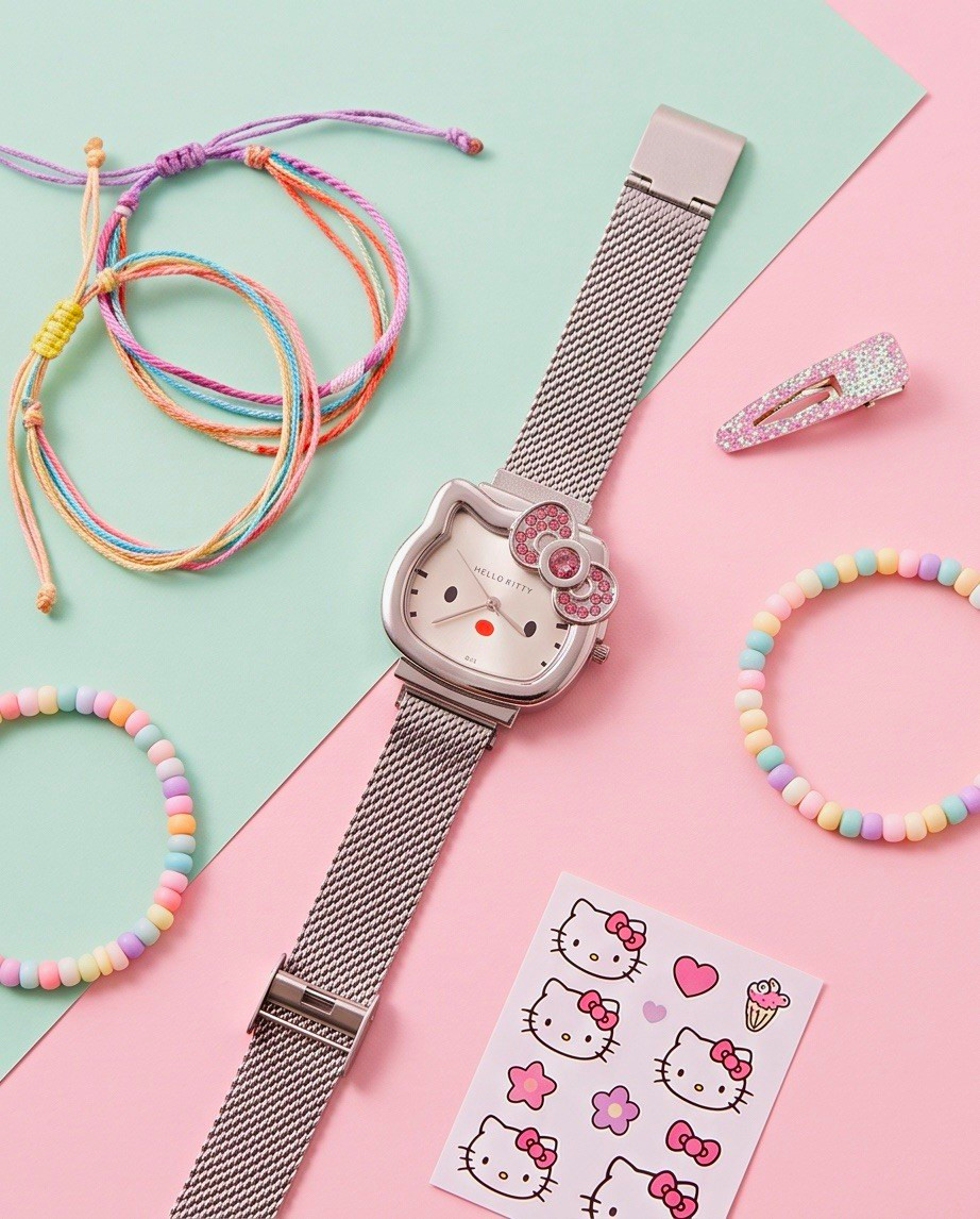 Cute Girls’ Silver Mesh Strap Watch with Pink Bow Detail