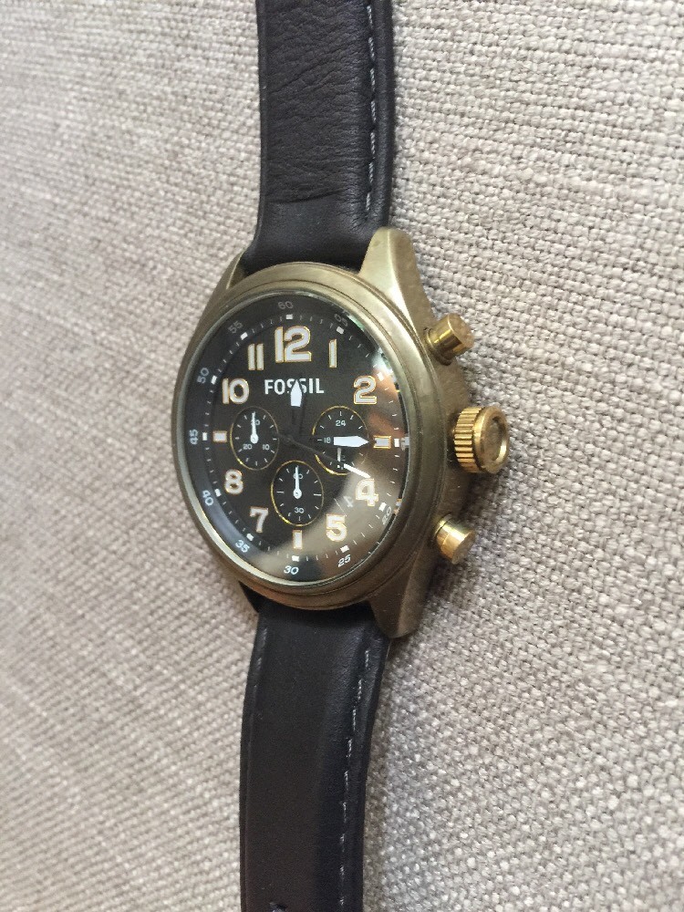 FOSSIL Vintage Bronze Chronograph Watch Black Leather Band DE5000