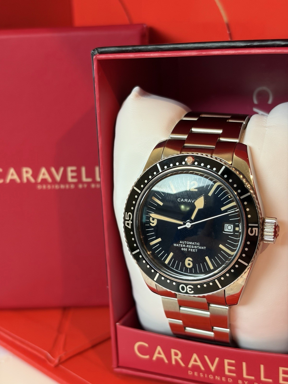 Caravelle Automatic Diver Date Black Dial 40mm Steel Bracelet 666ft Box Papers