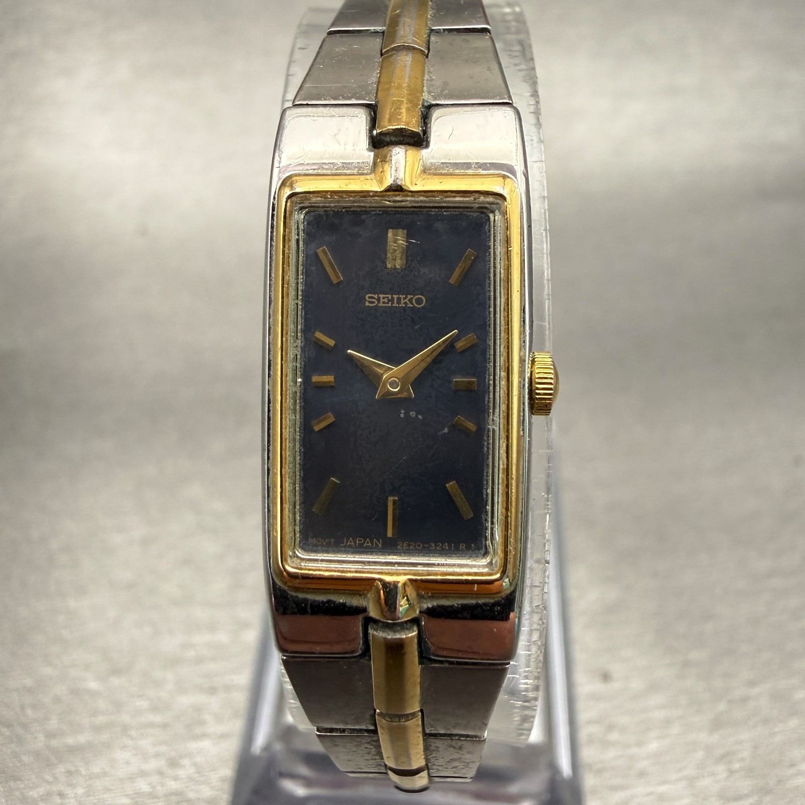Seiko Watch Women 13mm Blue Dial Two Tone Rectangle 2E20-7479 New Battery VTG