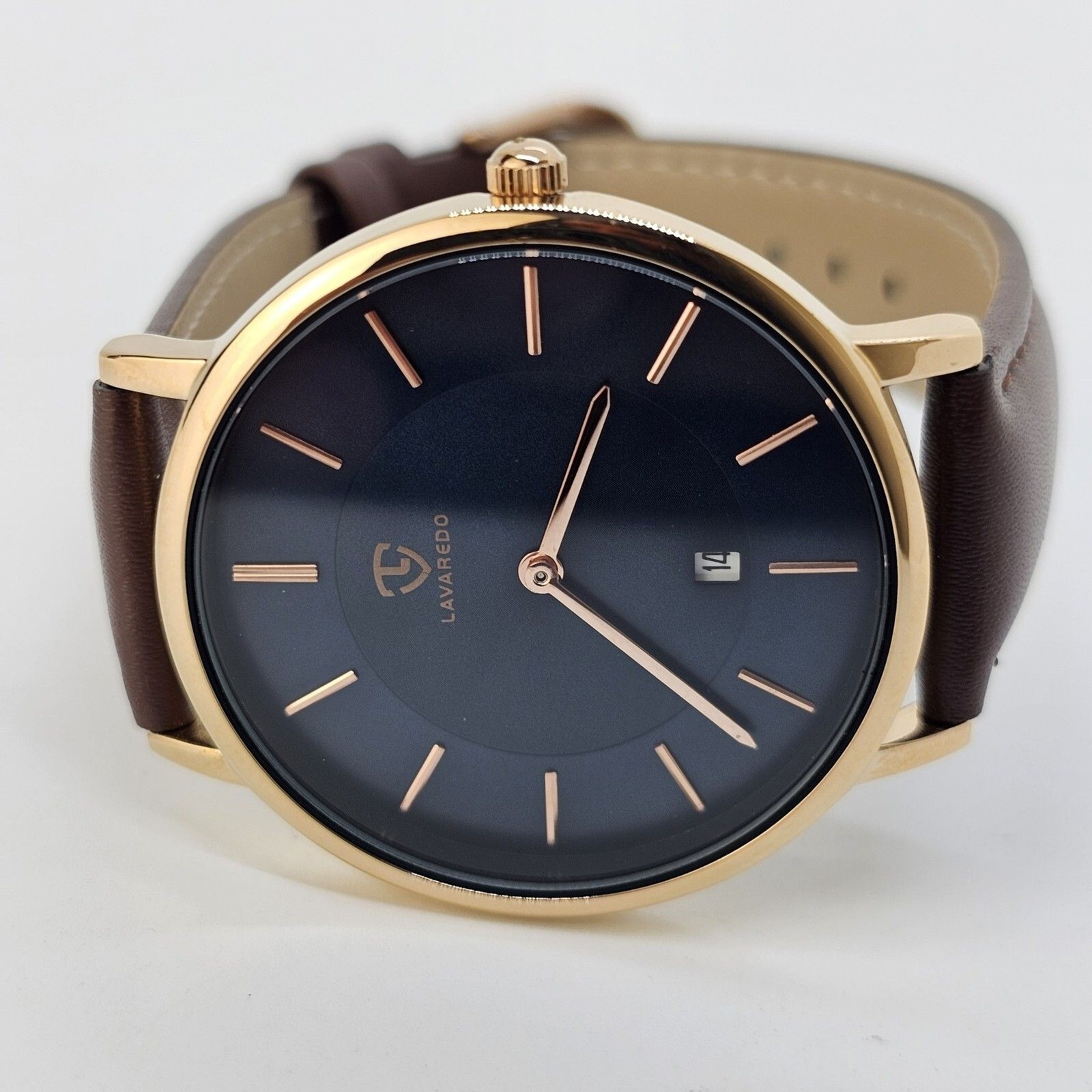 Men’s Watch 40MM Gold Case Blue Dial Brown Leather Band Straps Date Indicator