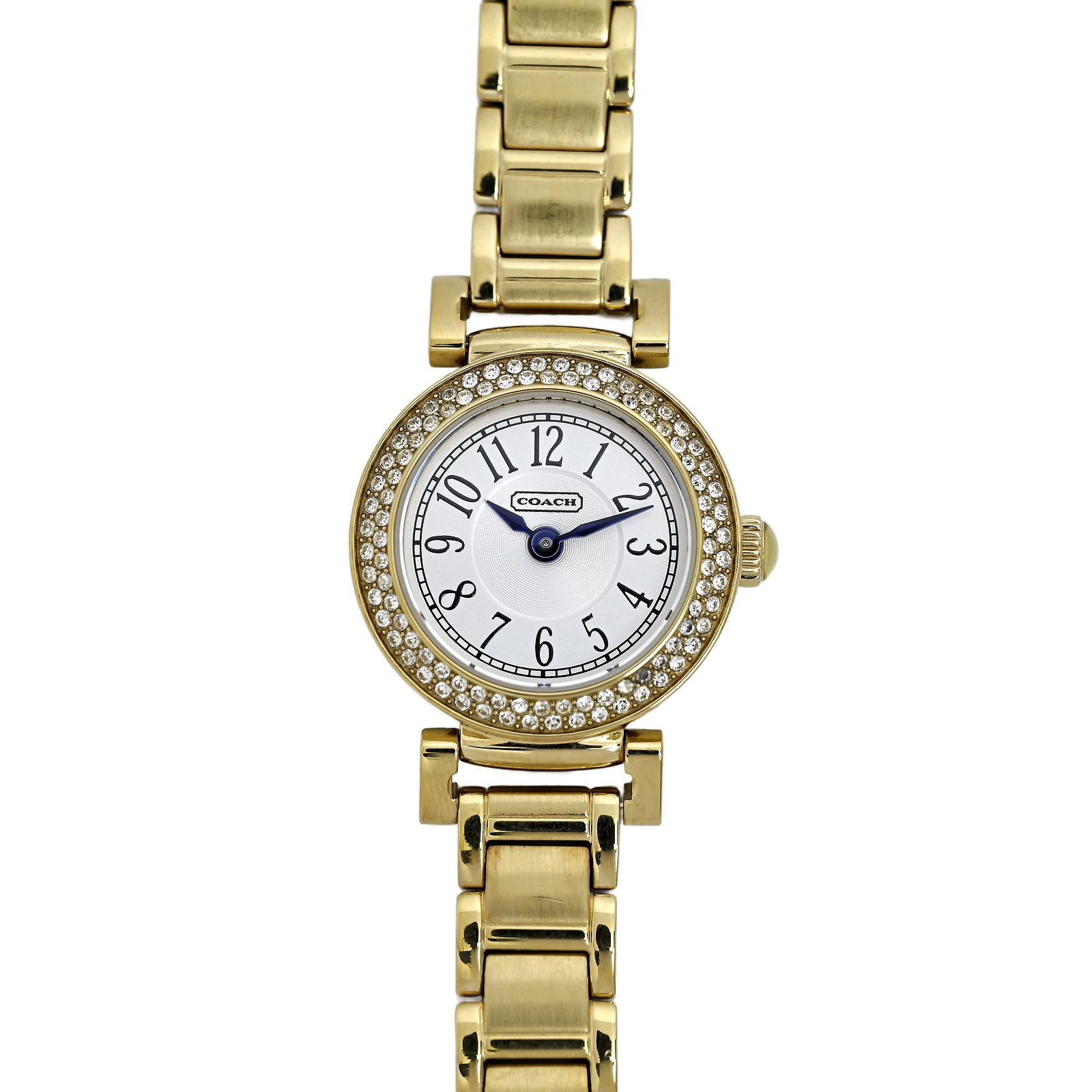 Coach Ladies Gold Plated White Dial Arabic Numeral Wrist Watch Diamond Bezel