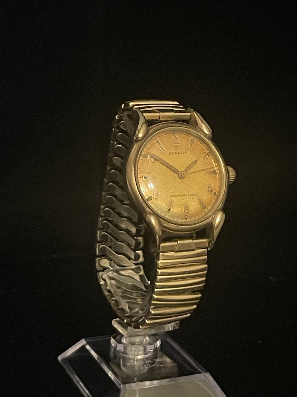Vintage Benrus Manual Wind Shock-Absorber Swiss Watch Gold Tone Patina Dial Runs