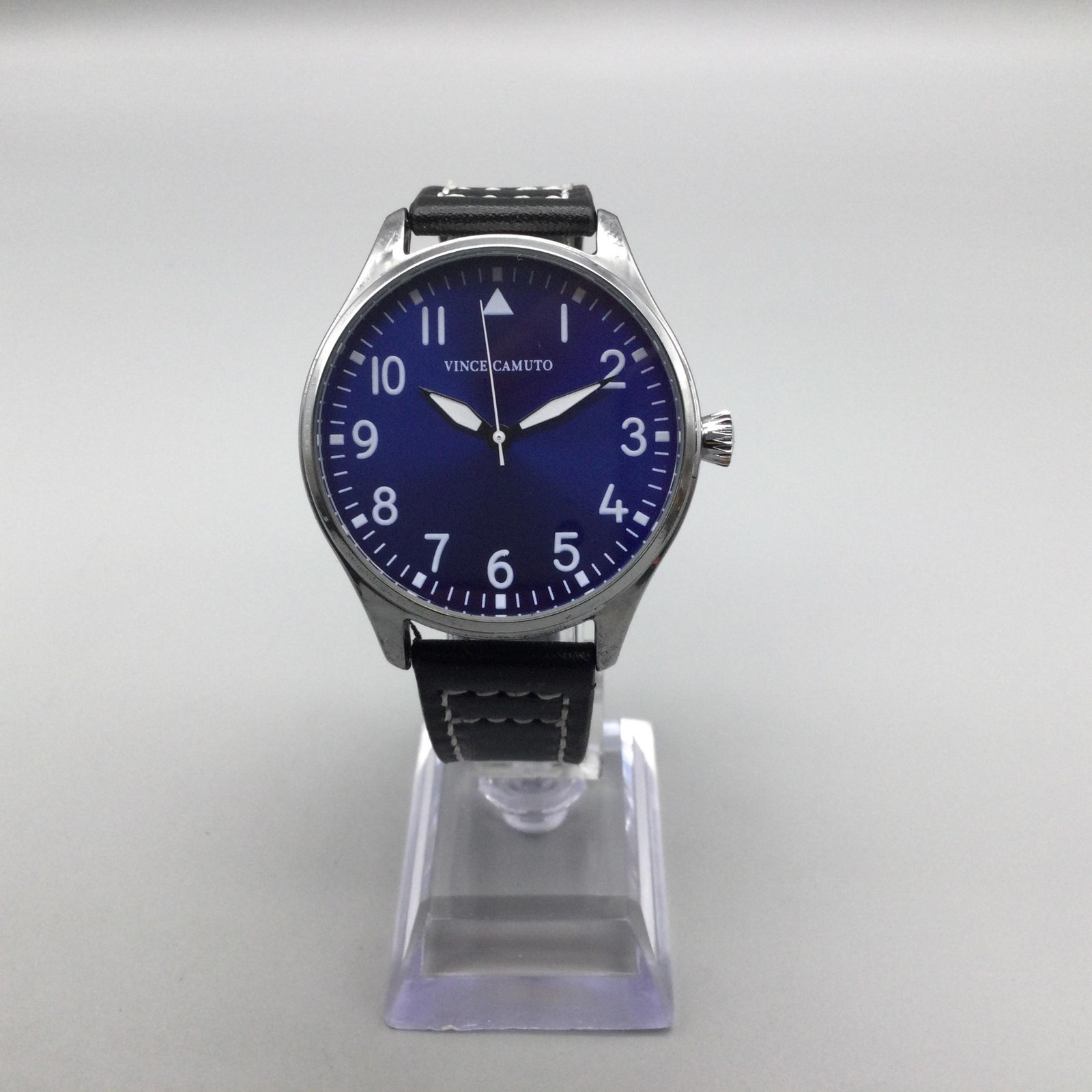Vince Camuto Mens Watch 42mm Silver Tone Blue Dial Black Faux Leather 3ATM