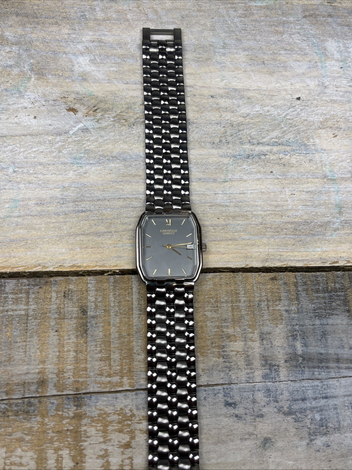 Vintage Bulova Caravelle Old Stock Dressy Black Chrome Date Watch 40B42 New Batt