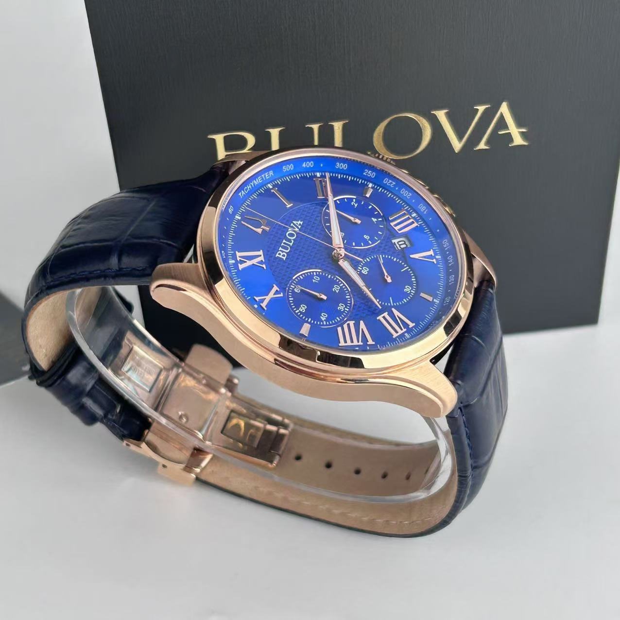 Bulova Wilton Classic 97B170 Blue Dial Leather Strap Men’s Quartz Watch 46.5 mm