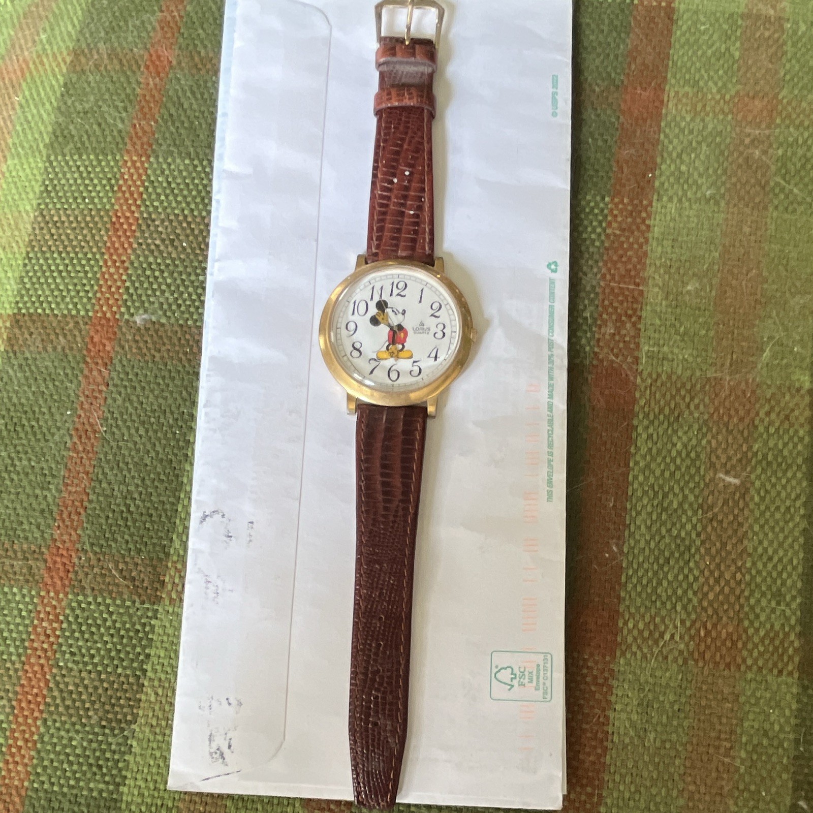 Disney Mickey Mouse Quartz Analog 30mm Gold Tone Case Brown Leather Strap