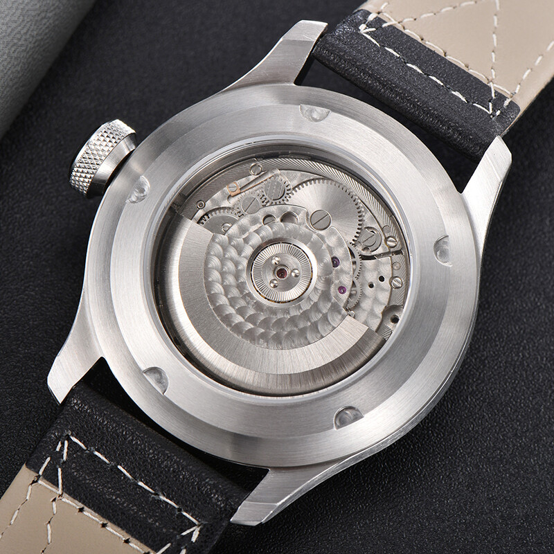 46.5mm Parnis Black with Gray Dial Brown Leather Strap Wrist Watches for Men