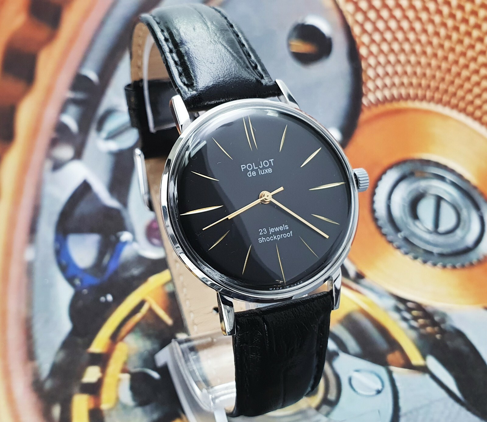 Vintage Watch Poljot De Luxe ULTRA SLIM Black Dial Dress Men’s WristWatch USSR