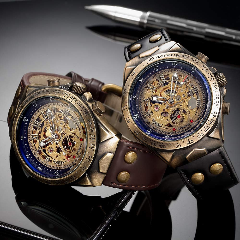 Luxury Automatic Mechanical Men’s Leather Belt Fashion Bronze Steel Waterproo…