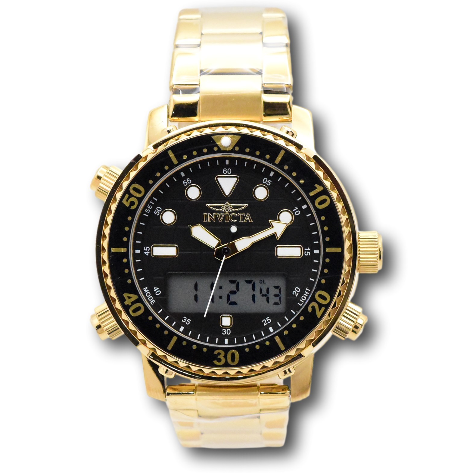 Invicta Pro Diver Men’s 46.5mm Gold Dual Time Digital Ana-Digi Watch 48372
