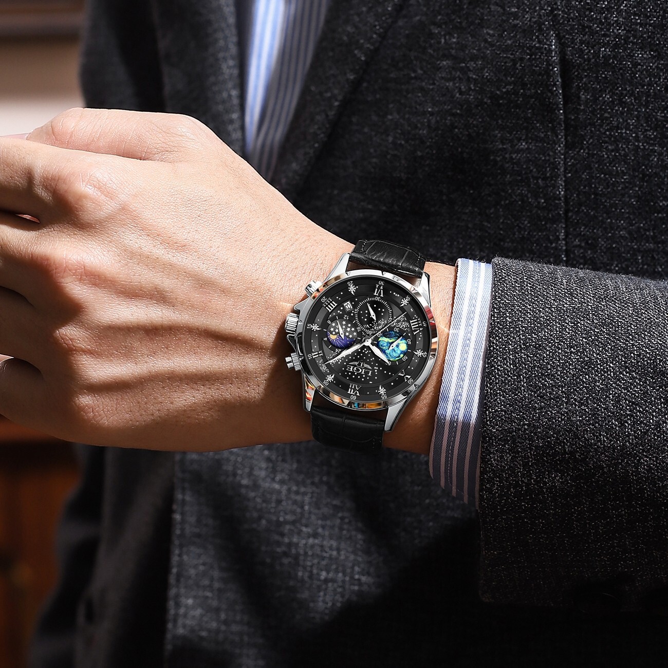 Men Watch Chronograph Sport Watches Date Moonphase Male Leather Wristwatch Gift