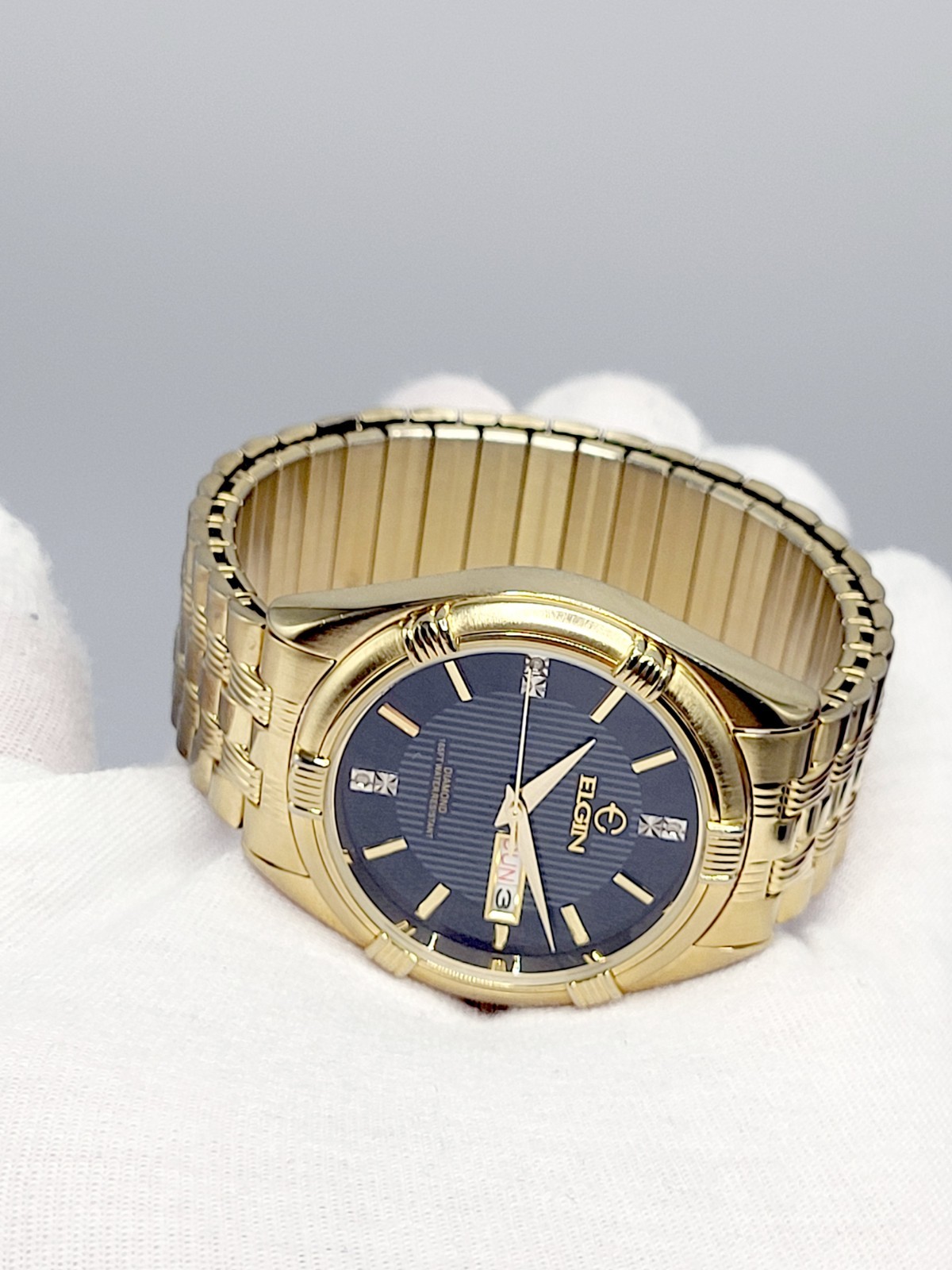 Elgin Men’s Gold Tone Watch 1990s [MINT] Black Pinstripe Dial Diamond Accents